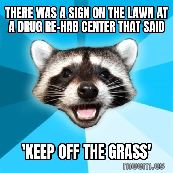 Lame Pun Coon meme: There was a sign on the lawn at a drug re-hab center that said / 'KEEP OFF THE GRASS'