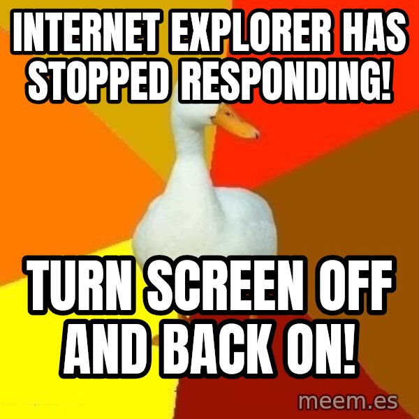 Technologically Impaired Duck meme: internet explorer has stopped responding! / turn screen off and back on!