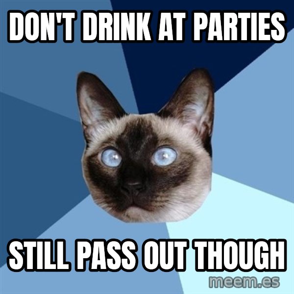 Chronic Illness Cat meme: Don't drink at parties / still pass out though