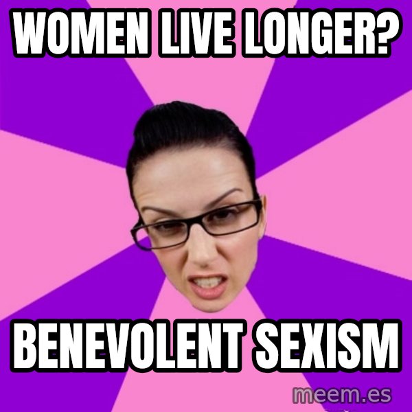 Privilege Denying Feminist meme: Women live longer? / benevolent sexism