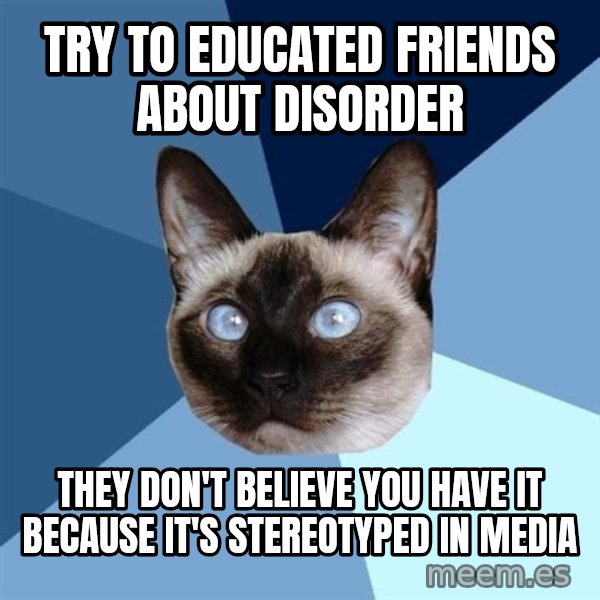 Chronic Illness Cat meme: Try to educated friends about disorder / they don't believe you have it because it's stereotyped in media