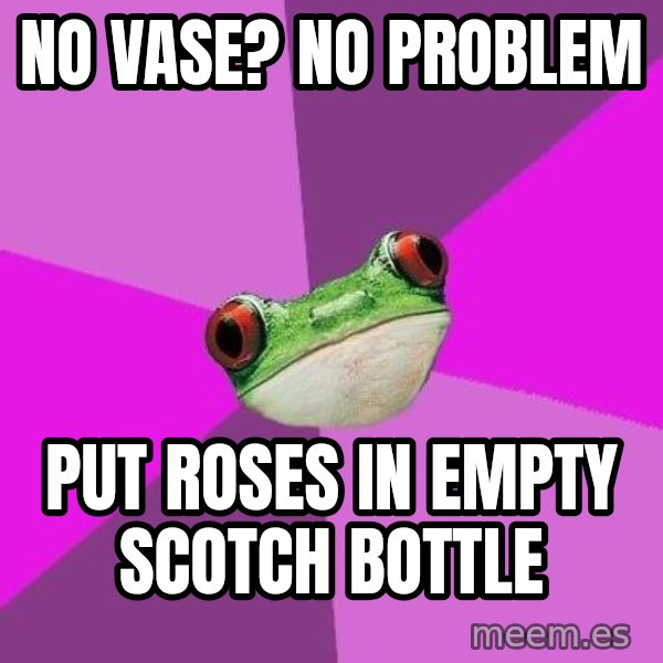 Foul Bachelorette Frog meme: No Vase? No problem / put roses in empty scotch bottle