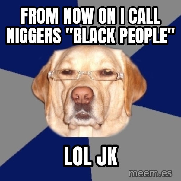 Racist Dawg meme: from now on i call niggers "black people" / lol jk