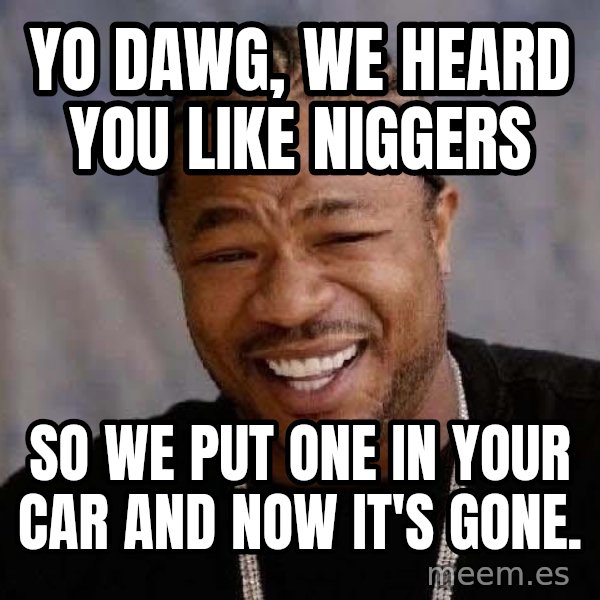 Yo Dawg meme: Yo dawg, we heard you like niggers / so we put one in your cAR AND NOW IT'S GONE.