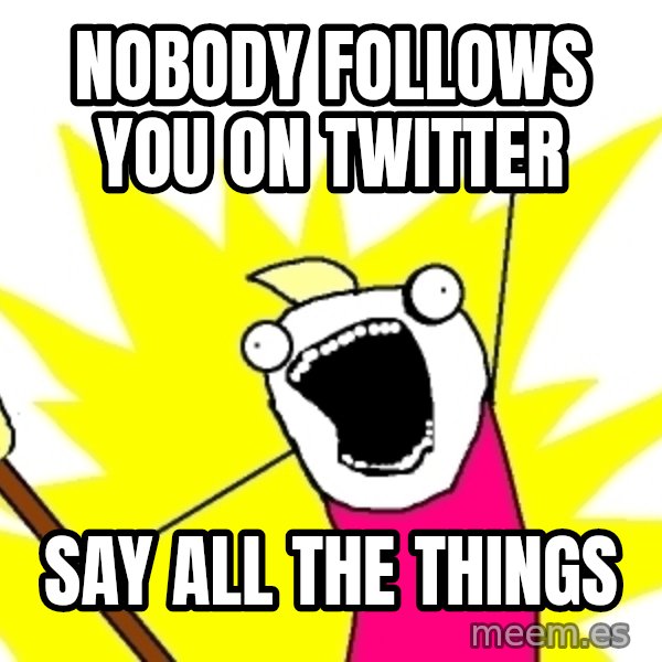 X ALL THE THINGS meme: nobody follows you on twitter / say all the things