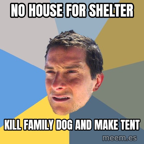 Bear Grylls meme: No house for shelter / kill family dog and make tent