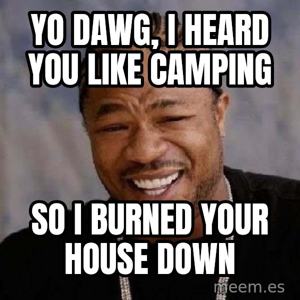 Yo Dawg meme: Yo dawg, I heard you like camping / So I burned your house down