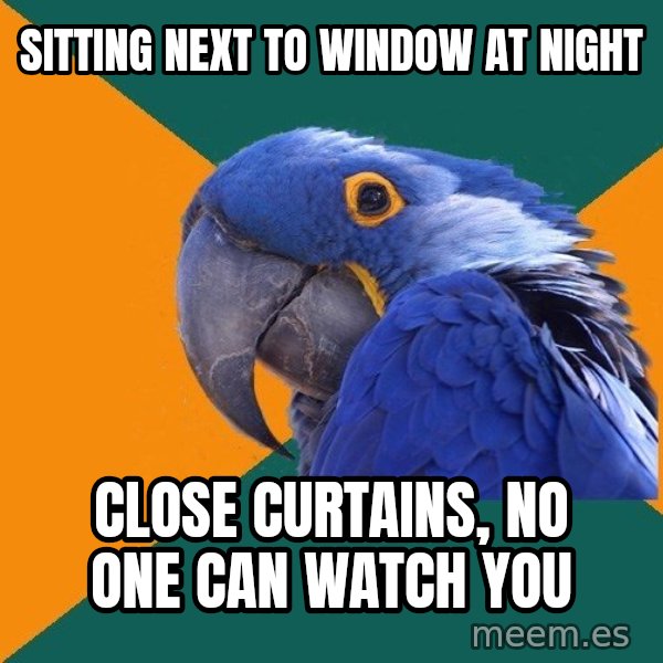 Paranoid Parrot meme: sitting next to window at night / close curtains, no one can watch you