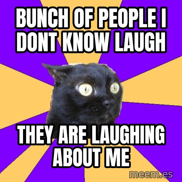 Anxiety Cat meme: bunch of people i dont know laugh / they are laughing about me