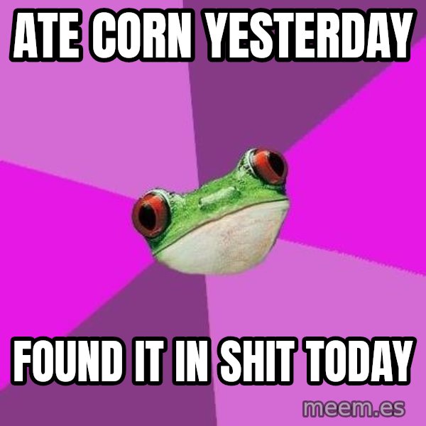 Foul Bachelorette Frog meme: ate corn yesterday / found it in shit today