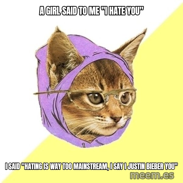 Hipster Kitty meme: a girl said to me "i hate you" / i said "hating is way too mainstream, i say i justin bieber you"