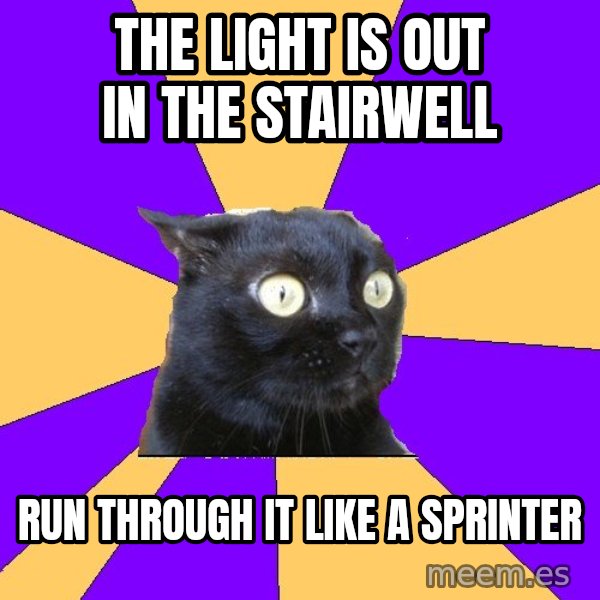 Anxiety Cat meme: The light is out in the stairwell / Run through it like a sprinter