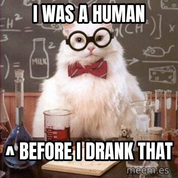 Chemistry Cat meme: i was a human / ^ before i drank that