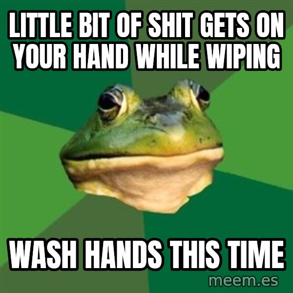 Foul Bachelor Frog meme: little bit of shit gets on your hand while wiping / wash hands this time