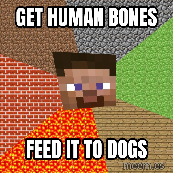 Minecraft Guy meme: get human bones / feed it to dogs