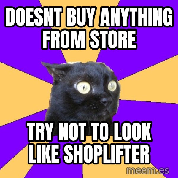 Anxiety Cat meme: doesnt buy anything from store / try not to look like shoplifter
