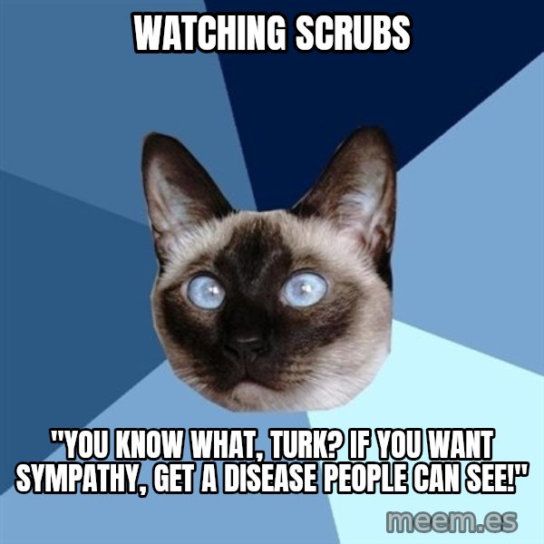 Chronic Illness Cat meme: watching scrubs / "You know what, Turk? If you want sympathy, get a disease people can see!"