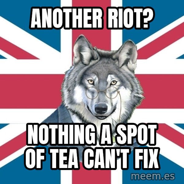 Sir Courage Wolf Esquire meme: another riot? / nothing a spot of tea can't fix