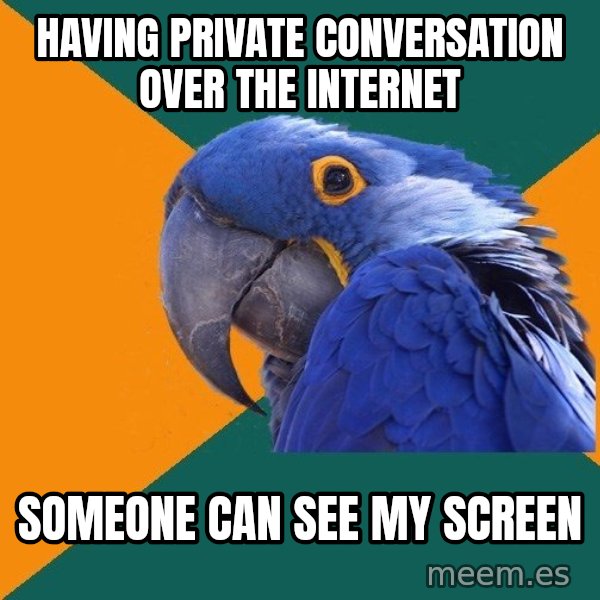 Paranoid Parrot meme: Having private conversation over the internet / someone can see my screen