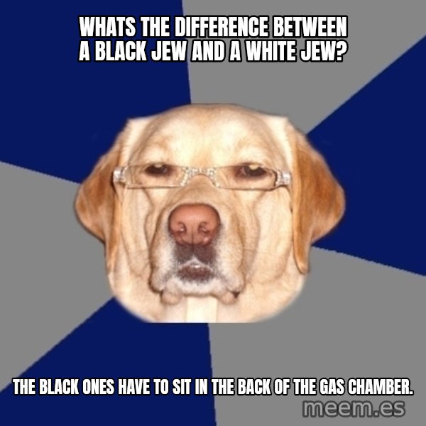 Racist Dawg meme: whats the difference between a black jew and a white jew? / the black ones have to sit in the back of the gas chamber.