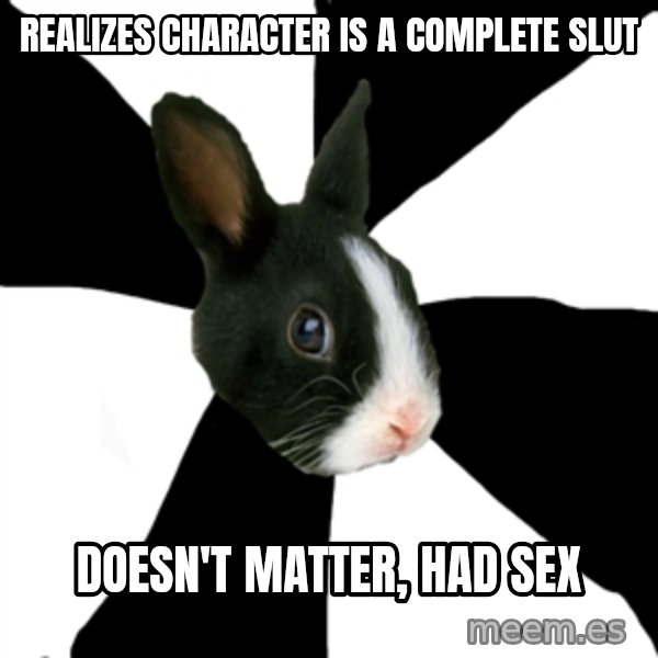 Roleplaying Rabbit meme: Realizes character is a complete slut / Doesn't Matter,   had sex