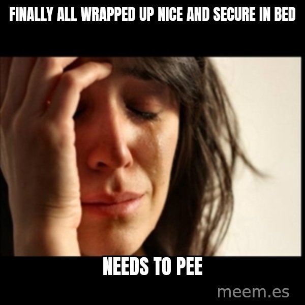 First World Problems meme: Finally all wrapped up nice and secure in bed / Needs to pee