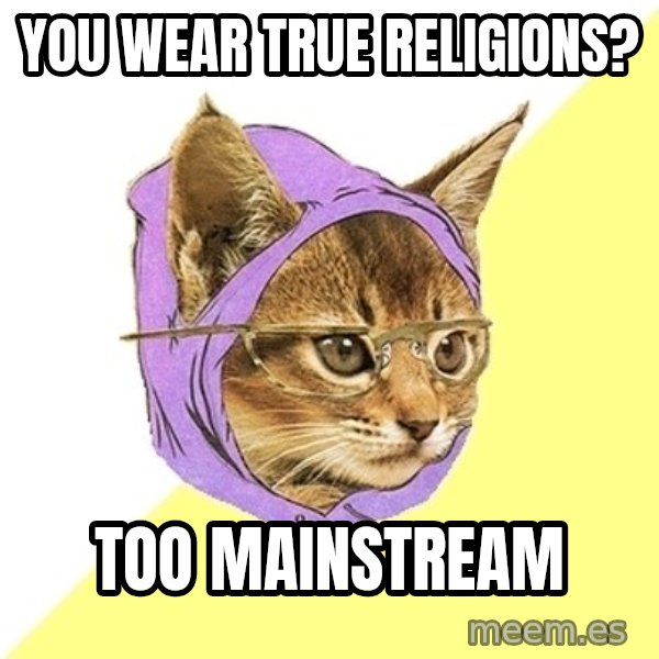 Hipster Kitty meme: You wear true religions? / too mainstream