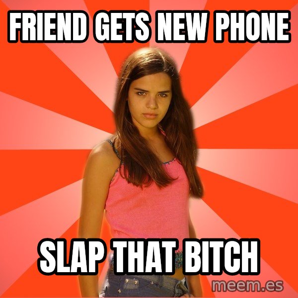 Jealous Girl meme: friend gets new phone / slap that bitch
