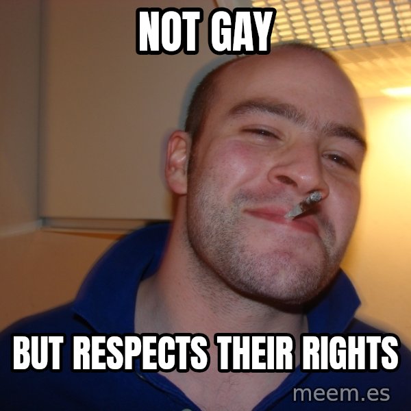 Good Guy Greg meme: NOT GAY / But respects their rights