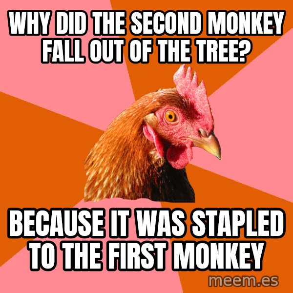 Anti Joke Chicken meme: why did the second monkey fall out of the tree? / because it was stapled to the first monkey
