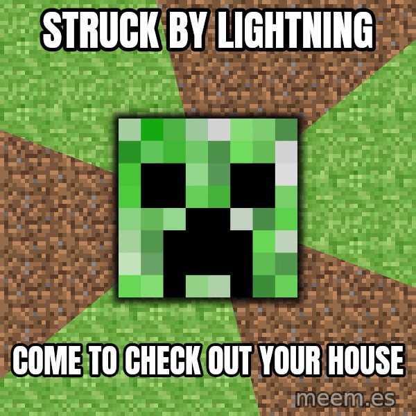 Minecraft Creeper meme: STRUCK BY LIGHTNING / COME TO CHECK OUT YOUR HOUSE