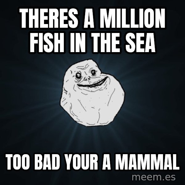 Forever Alone meme: theres a million fish in the sea / too bad your a mammal