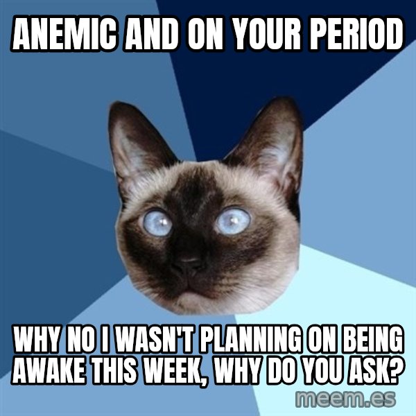 Chronic Illness Cat meme: Anemic and on your period / Why no I wasn't planning on being awake this week, why do you ask?