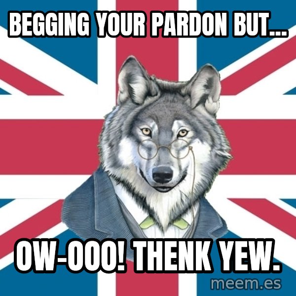 Sir Courage Wolf Esquire meme: begging your pardon but... / ow-ooo! Thenk yew.