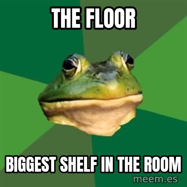 Foul Bachelor Frog meme: the floor / biggest shelf in the room