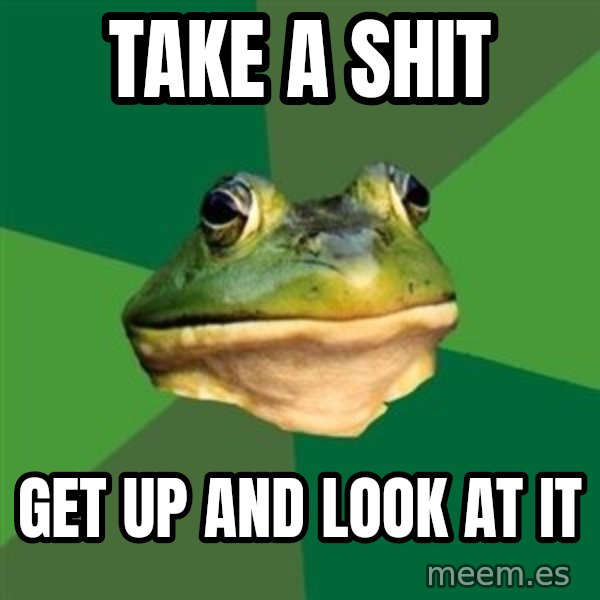 Foul Bachelor Frog meme: take a shit / get up and look at it