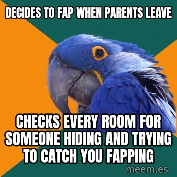 Paranoid Parrot meme: decides to fap when parents leave / checks every room for Someone hiding and trying to catch you fapping