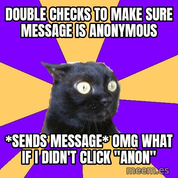 Anxiety Cat meme: double checks to make sure message is anonymous / *sends message* omg what if I didn't click "anon"