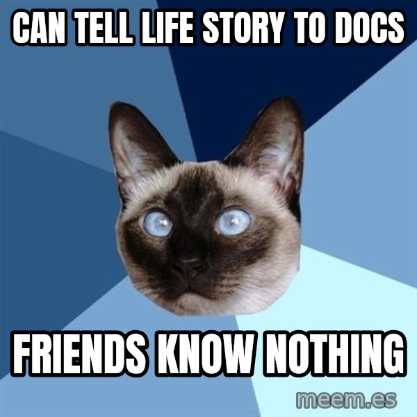 Chronic Illness Cat meme: can tell life story to docs / friends know nothing