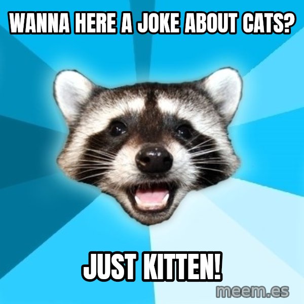 Lame Pun Coon meme: Wanna here a joke about cats? / Just kitten!
