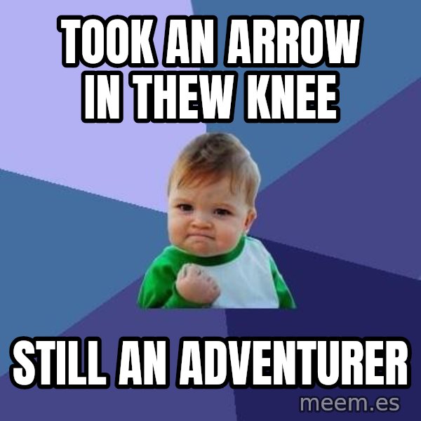Success Kid meme: Took an arrow in thew knee / still an adventurer