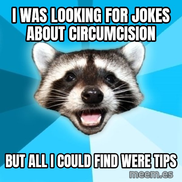 Lame Pun Coon meme: I was looking for jokes about circumcision / but all i could find were tips