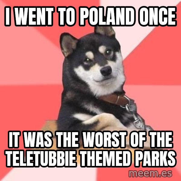 Cool Dog meme: I went to Poland once / It was the worst of the teletubbie themed parks