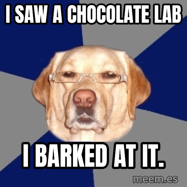 Racist Dog meme: I saw a chocolate lab / I barked at it.