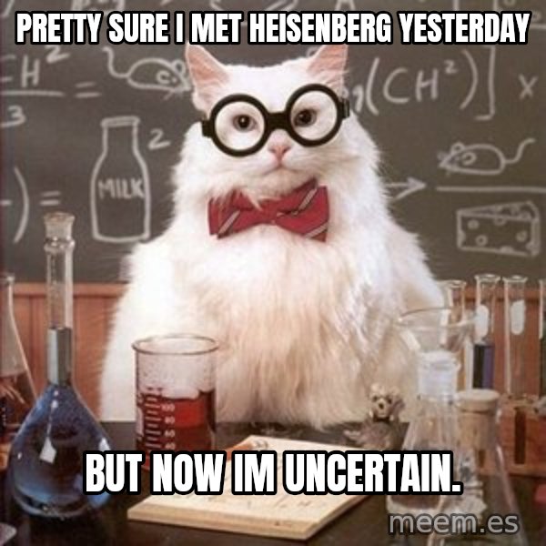 Chemistry Cat meme: pretty sure i met heisenberg yesterday / but now im uncertain.
