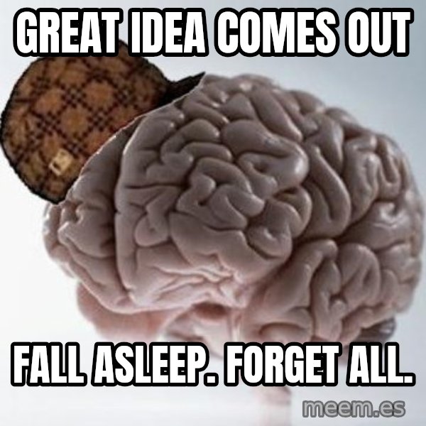 Scumbag Brain meme: great idea comes out / fall asleep. forget all.