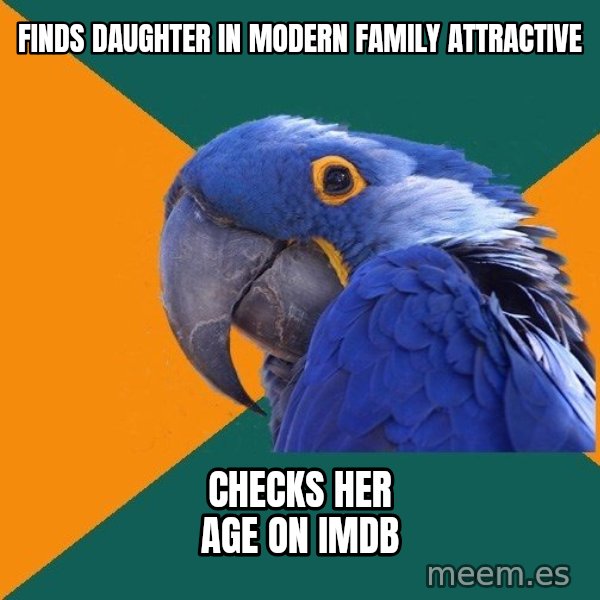 Paranoid Parrot meme: FINds daughter in modern family attractive / checks her age on imdb