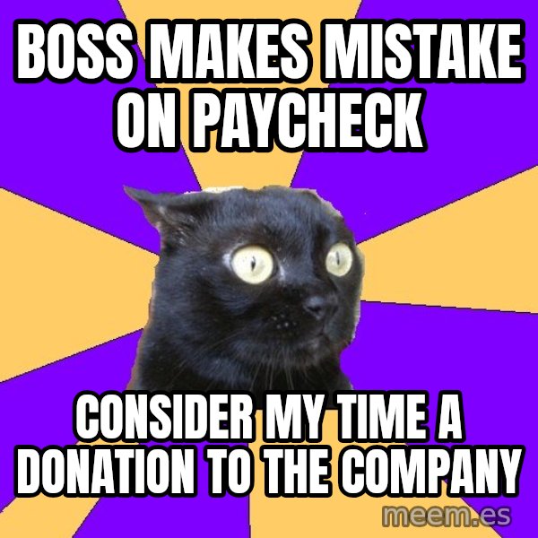 Anxiety Cat meme: Boss makes mistake on paycheck / consider my time a donation to the company