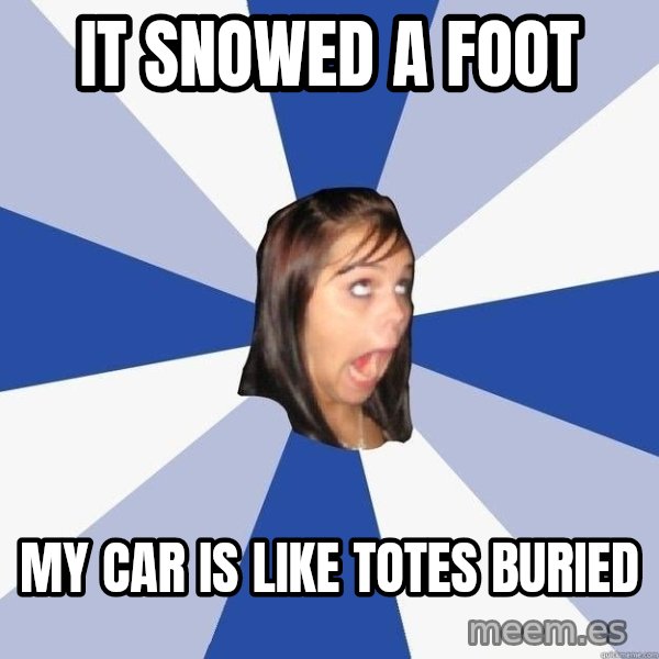 Annoying Facebook Girl meme: It snowed a foot / my car is like totes buried