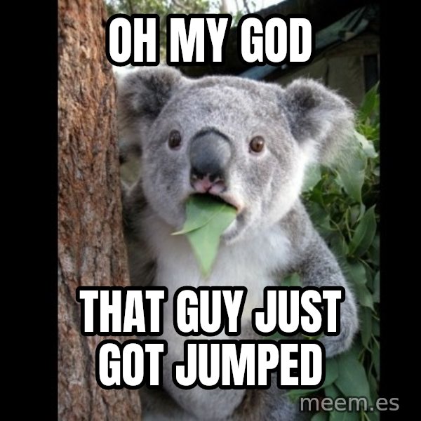 Koala can't believe it meme: Oh my god / that guy just got jumped